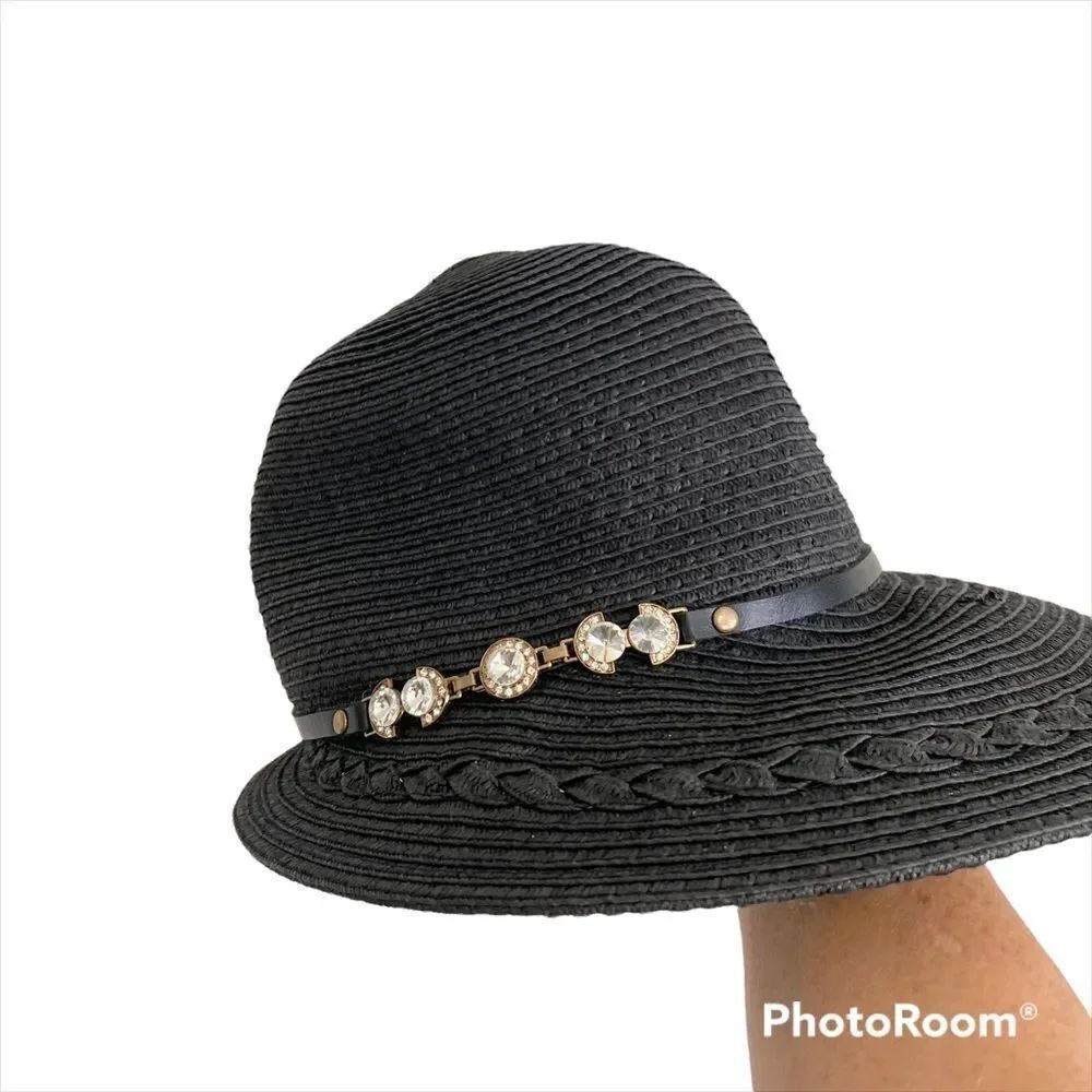 Marcus Adler New York black straw with crystals trim brim Panama hat one size